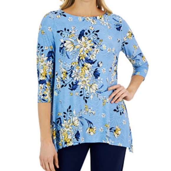JM Collection Vibrant Jacquard/Tunic Top in Blue and Yellow Size XL - Picture 1 of 12